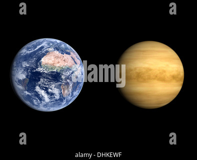 Une comparaison entre les planètes Terre et Vénus sur un fond noir. Banque D'Images