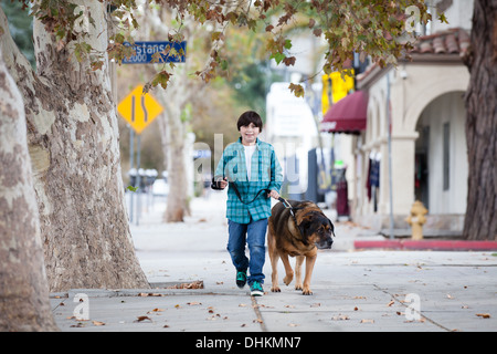 Un garçon de 10 ans et son chien marchant sur le trottoir Banque D'Images