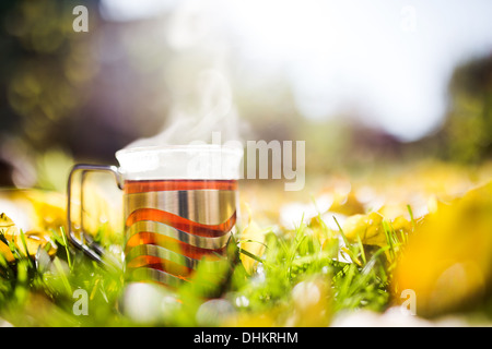 Tasse fumante de thé avec porte-verre en automne Banque D'Images