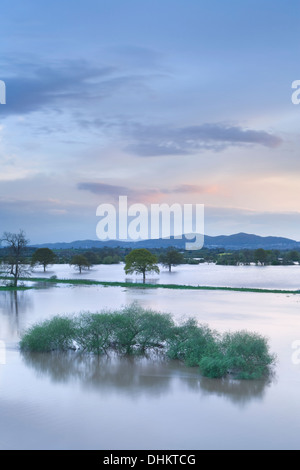 Cette vue a été prise à travers le Powick plaines d inondation vers les collines de Malvern au coucher du soleil de la Severn Bridge Banque D'Images