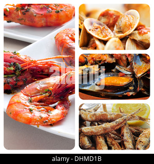 Collage de différents fruits de mer, tapas espagnoles telles que boquerones fritos, gambas al ajillo ou moules a la marinera Banque D'Images