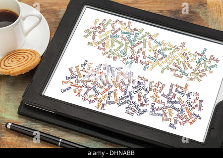 Plus populaires les noms de bébé garçon et fille en 2012 - Nuage de mots sur une tablette numérique avec une tasse de café Banque D'Images