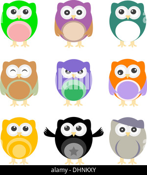 Illustration de l'ensemble des chouettes dessins colorés Banque D'Images