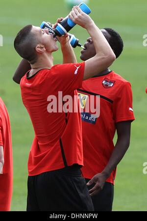 Alicante, Espagne. 13 nov., 2013. Le football international avant-match amical pratique avant l'Autriche contre USA match amical Aleksandar Casa Fiorita et David Alaba aut prendre une pause de l'eau © Plus Sport Action/Alamy Live News Banque D'Images