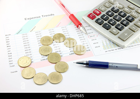 Libre Photo stylo rouge,Calculatrice et l'argent pièces disposées à '$' le graphique. Banque D'Images