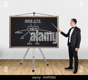 Man in tuxedo pointant sur tableau noir avec seo scheme Banque D'Images