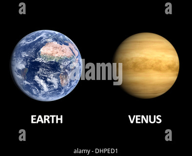 Une comparaison entre les planètes Terre et Vénus sur fond noir pur avec des sous-titres anglais. Banque D'Images