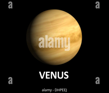 Un rendu de la planète Vénus sur un fond noir avec légende en anglais. Banque D'Images