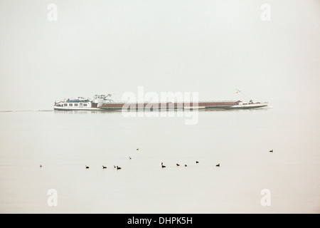 Pays-bas, Lelystad, appelé le lac IJsselmeer. Bateau de marchandises dans la brume du matin Banque D'Images