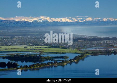 Estuaire de la rivière Avon et Heathcote, Christchurch, et les Alpes du Sud, Canterbury, île du Sud, Nouvelle-Zélande Banque D'Images