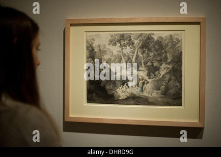 Düsseldorf, Allemagne. 14Th Nov, 2013. Une femme regarde l'œuvre 'paysage héroïque avec des compatriotes à l'bien' de Heinrich Dreber aka Franz-Dreber dans l'exposition "miroir de l'âme. Paysages d'artistes romantique allemand au Musée Kunstpalast de Düsseldorf, Allemagne, 14 novembre 2013. L'exposition est présentée du 16 novembre 2013 au 26 janvier 2014. Photo : JAN-PHILIPP STROBEL/dpa/Alamy Live News Banque D'Images