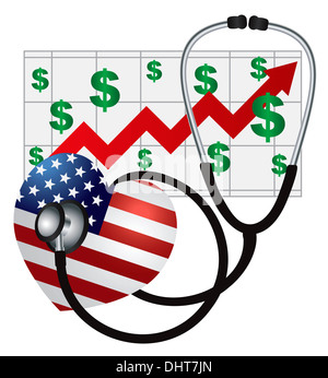 Dispositif médical stéthoscope pour écouter Drapeau USA avec l'augmentation des coûts de santé cardiaque graphique sur fond blanc Illustration Banque D'Images