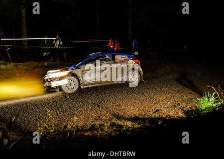 Denbighshire, Wales. 14Th Nov, 2013. Elfyn Evans et Daniel Barritt de Grande-Bretagne (GBR) conduire leurs QATAR M-Sport World Rally Team WRC 2 Ford Fiesta R5 sur la première passe de l'étape de nuit Clocaenog (SS3) au cours de la 1re journée de Wales Rally GB, la finale du Championnat des rallyes de la FIA 2013 Word. Credit : Action Plus Sport/Alamy Live News Banque D'Images