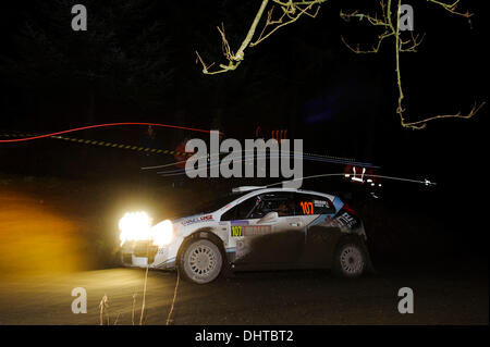 Denbighshire, Wales. 14Th Nov, 2013. Luca Hoelbling et Mauro Grassi de l'Italie (ITA) conduire leur privateer Fiat Punto S2000 lors du premier passage de l'étape de nuit Clocaenog (SS3) au cours de la 1re journée de Wales Rally GB, la finale du Championnat des rallyes de la FIA 2013 Word. Credit : Action Plus Sport/Alamy Live News Banque D'Images