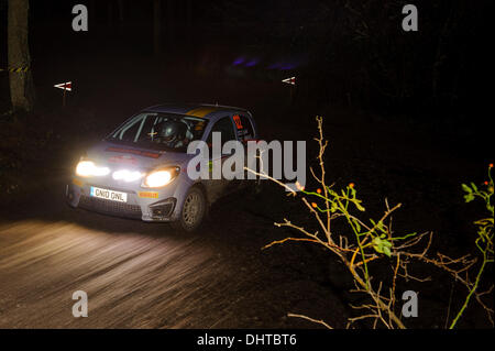 Denbighshire, Wales. 14Th Nov, 2013. Teijo Lahti et Pasi Haataja de Finlande (FIN) conduire leur privateer Renault Twingo R2 sur la première passe de l'étape de nuit Clocaenog (SS3) au cours de la 1re journée de Wales Rally GB, la finale du Championnat des rallyes de la FIA 2013 Word. Credit : Action Plus Sport/Alamy Live News Banque D'Images