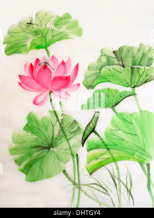 Lotus et libellule de l'aquarelle, l'art original, style asiatique Banque D'Images