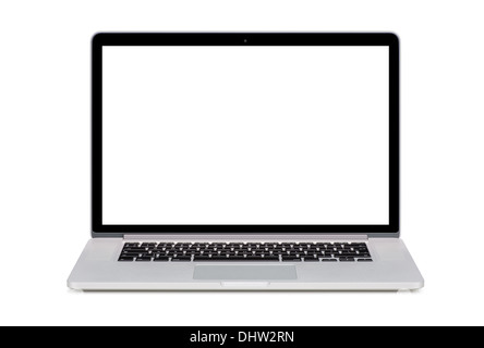 Vue de face d'un ordinateur portable moderne avec un écran blanc et un clavier anglais isolé sur fond blanc. Haute qualité. Banque D'Images