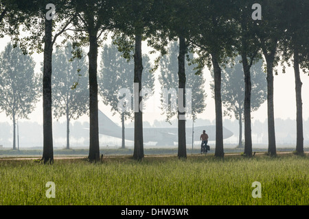 Pays-bas, Vijfhuizen, l'aéroport d'Amsterdam Schiphol. L'atterrissage de l'avion de KLM. Exploitant agricole travaillant sur des terres avec le tracteur. Cycliste Banque D'Images