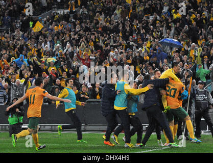 La victoire de l'Australie sur l'Irak dans la qualification de la Coupe du monde réservé une place à la Coupe du Monde Brésil 2014. Un but tardif de Josh Kennedy était suffisant pour gagner les Socceroos d'obtenir une victoire 1-0 au stade de l'Australie, Sydney Olympic Park. En vedette : les joueurs australiens célébrer Josh Kennedy a pour but que d'envoyer l'équipe à la finale de la Coupe du Monde 2014 au Brésil. Où : Sydney, New South Wales, Australie lor Banque D'Images