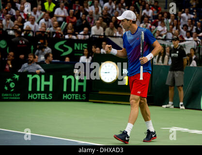 Belgrade, Serbie. 15 nov., 2013. La République Tchèque Tomas Berdych célèbre après avoir remporté la finale de la Coupe Davis de son match de tennis contre Dusan Lajovic de Serbie à Belgrade, Serbie, le vendredi 15 novembre, 2013. Credit : Michal Kamaryt/CTK Photo/Alamy Live News Banque D'Images