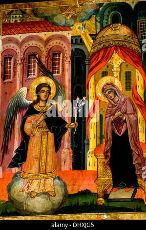 Petite icône de l'Ange Gabriel, visitation de la Vierge Marie naissance annonçant la venue de Jésus le Christ trouve sur un bois Banque D'Images