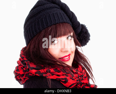 Portrait of a Young Woman in Black Cap - Isolated on White Banque D'Images