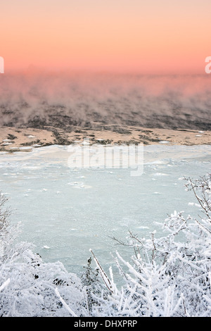 La cuisson à la vapeur et la mer de glace et la forêt enneigée au froid matin d'hiver Banque D'Images