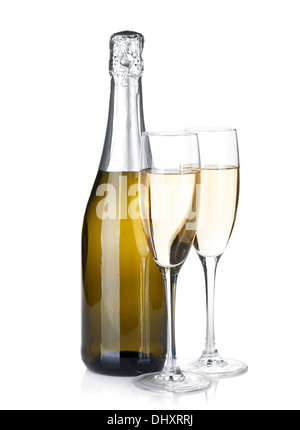 Bouteille de champagne et deux verres. Isolé sur fond blanc Banque D'Images