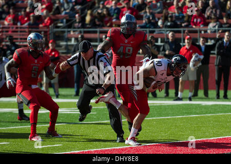 Piscataway, New Jersey, USA. 16 Nov, 2013. 16 novembre 2013 : Cincinnati Bearcats fullback Jordan Luallen (10) marque un touchdown alors que se cogner dans un fonctionnaire au cours de la rencontre entre Cincinnati Bearcats et Rutgers Scarlet Knights à Highpoint Solutions Stadium à Piscataway, New Jersey. Credit : csm/Alamy Live News Banque D'Images