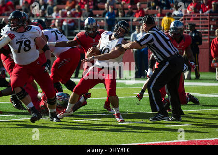 Piscataway, New Jersey, USA. 16 Nov, 2013. 16 novembre 2013 : Cincinnati Bearcats fullback Jordan Luallen (10) dans les bosses sur son chemin à un touché pendant le jeu entre Cincinnati Bearcats et Rutgers Scarlet Knights à Highpoint Solutions Stadium à Piscataway, New Jersey. Credit : csm/Alamy Live News Banque D'Images