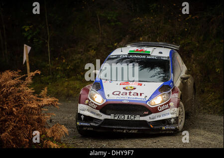 Powys, Pays de Galles. 16 Nov, 2013. Elfyn Evans et Daniel Barritt de Grande-Bretagne (GBR) conduire leurs QATAR M-Sport World Rally Team WRC 2 Ford Fiesta R5 sur la première passe de l'étape Dyfi (SS11) au cours de la 3e journée de Wales Rally GB, la finale du Championnat des rallyes de la FIA 2013 Word. Credit : Action Plus Sport/Alamy Live News Banque D'Images