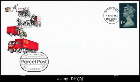 Royal Mail commémorative timbre 1,30 € enveloppe premier jour pour centenaire de colis postal question cachet de Stoke-on-Trent 3 Août 1983 Banque D'Images