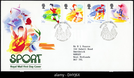 Royal Mail commémorative 18p 26p 31p et 34p timbre enveloppe premier jour pour le sport question cachet de Wembley 22 Mars 1988 Banque D'Images