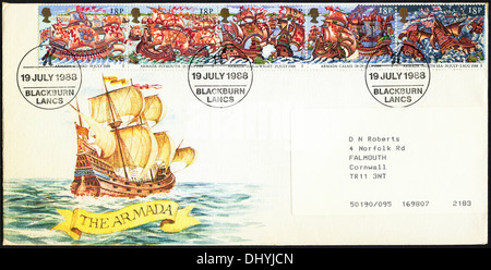 Bureau de poste commémoratif 18p enveloppe premier jour des timbres pour l'Armada question oblitérée Blackburn Lancs 19 Juillet 1988 Banque D'Images