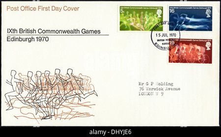 Bureau de poste commémoratif 5d 1s/6d et 1s/9d enveloppe premier jour timbre pour les Jeux du Commonwealth de 1970 cachet question Edinburgh 15 Juillet 1970 Banque D'Images