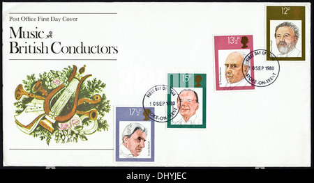 Bureau de poste commémoratif 12p 13½P ½P 15p et 17enveloppe premier jour des timbres pour la musique d'orchestre britannique question cachet de Stoke-on-Trent 10 Septembre 1980 Banque D'Images