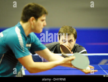 Berlin, Allemagne. 17 novembre, 2013. L'Allemagne Timo Boll (R) en action contre l'Allemand Dimitrij Ovtcharov en demi-finale du German Open de Tennis de Table 2013 à salle omnisports Max-Schmeling-Halle à Berlin, Allemagne, 17 novembre 2013. Photo : SPATA OLE/dpa/Alamy Live News Banque D'Images