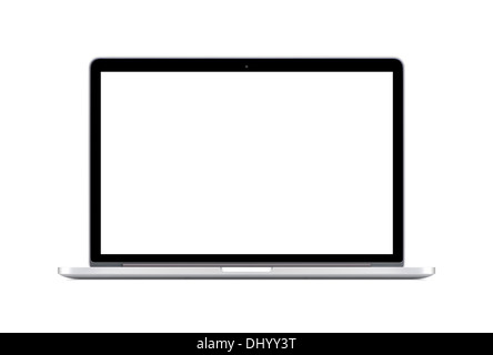 Directement Vue de face d'un ordinateur portable moderne avec un écran blanc isolé sur fond blanc. Haute qualité. Banque D'Images