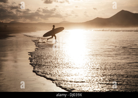 Un internaute passe dans la mer d'or à attraper le dernier des vagues avant le coucher du soleil. Banque D'Images