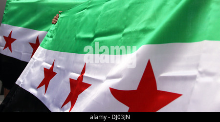 Brandissant des drapeaux syriens main Banque D'Images