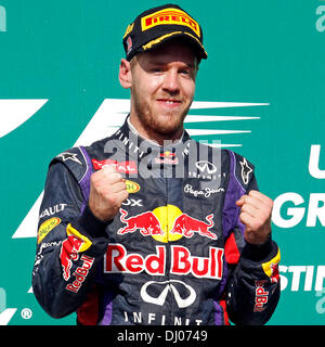 Austin, Texas, États-Unis. 17 novembre, 2013. Le pilote Red Bull Racing Sebastian Vettel, de l'Allemagne, célèbre son huitième tout droit F1 gagner après les États-Unis Grand Prix sur le circuit des Amériques. Credit : Ralph Lauer/ZUMAPRESS.com/Alamy Live News Banque D'Images