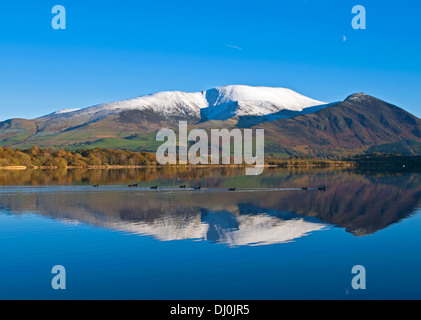 L'automne, Lake District, snow-capped Skiddaw et Ullock Pike se reflètent dans le lac Bassenthwaite, canards nagent dans l'eau calme Banque D'Images