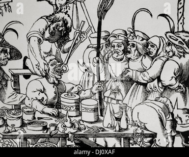 Histoire de la médecine. Dentiste (barbiers et les médecins généralistes). Moyen-Âge. La satire. La gravure. Banque D'Images