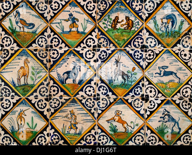 Les chasseurs et les animaux carreaux carreaux bleu néerlandais Pays-bas Hollande 1600 Museum Banque D'Images