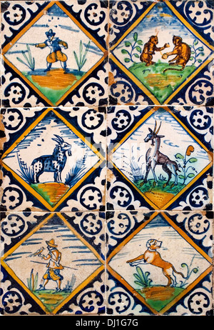 Les chasseurs et les animaux carreaux carreaux bleu néerlandais Pays-bas Hollande 1600 Museum Banque D'Images