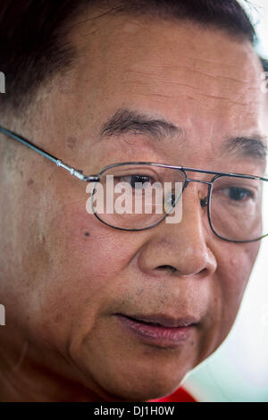 Bangkok, Thaïlande. 19 nov., 2013. Le Dr WENG TOJIRAKARN, un chandail rouge chef et membre du parlement du parti Pheu Thai, parle des répercussions d'une décision judiciaire en instance qui pourrait interdire le Pheu Thai au cours d'une chemise rouge rassemblement à Bangkok. Jusqu'à 30 000 ''Red Shirts'' sont attendus à Bangkok cette semaine à l'avance d'une décision de la cour thaïlandaise qui pouvait provoquer l'effondrement du gouvernement de Yingluck Shinawatra, le premier ministre. Les chemises rouges sont réunis dans un stade de banlieue avant de marcher à la cour. Les chemises rouges sont pour la plupart des agriculteurs et ruraux thaïlandais qui appuient le Shi Banque D'Images
