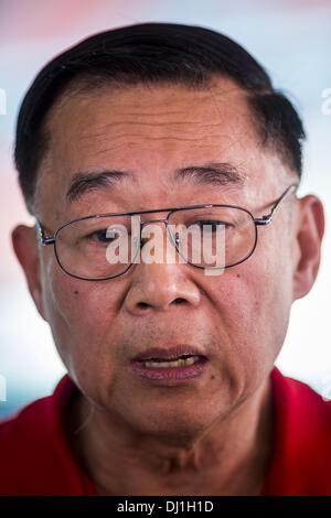 Bangkok, Thaïlande. 19 nov., 2013. Le Dr WENG TOJIRAKARN, un chandail rouge chef et membre du parlement du parti Pheu Thai, parle des répercussions d'une décision judiciaire en instance qui pourrait interdire le Pheu Thai au cours d'une chemise rouge rassemblement à Bangkok. Jusqu'à 30 000 ''Red Shirts'' sont attendus à Bangkok cette semaine à l'avance d'une décision de la cour thaïlandaise qui pouvait provoquer l'effondrement du gouvernement de Yingluck Shinawatra, le premier ministre. Les chemises rouges sont réunis dans un stade de banlieue avant de marcher à la cour. Les chemises rouges sont pour la plupart des agriculteurs et ruraux thaïlandais qui appuient le Shi Banque D'Images