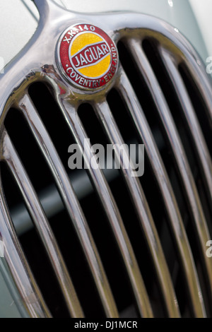 La calandre d'une voiture classique Jaguar d'argent avec le logo insigne marque Banque D'Images