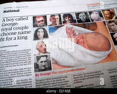 'Un garçon nommé George : couple royal choisissez nom digne d'un roi" article sur l'attribution de Prince George dans Guardian Londres UK 23 Juillet 2013 Banque D'Images