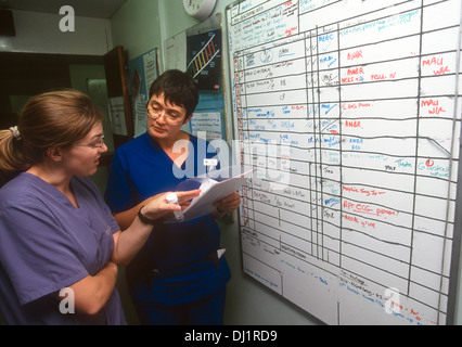 Les infirmières et infirmiers des patients à discuter des notes, hôpital Northwick Park, Harrow, Middlesex, Royaume-Uni. Banque D'Images